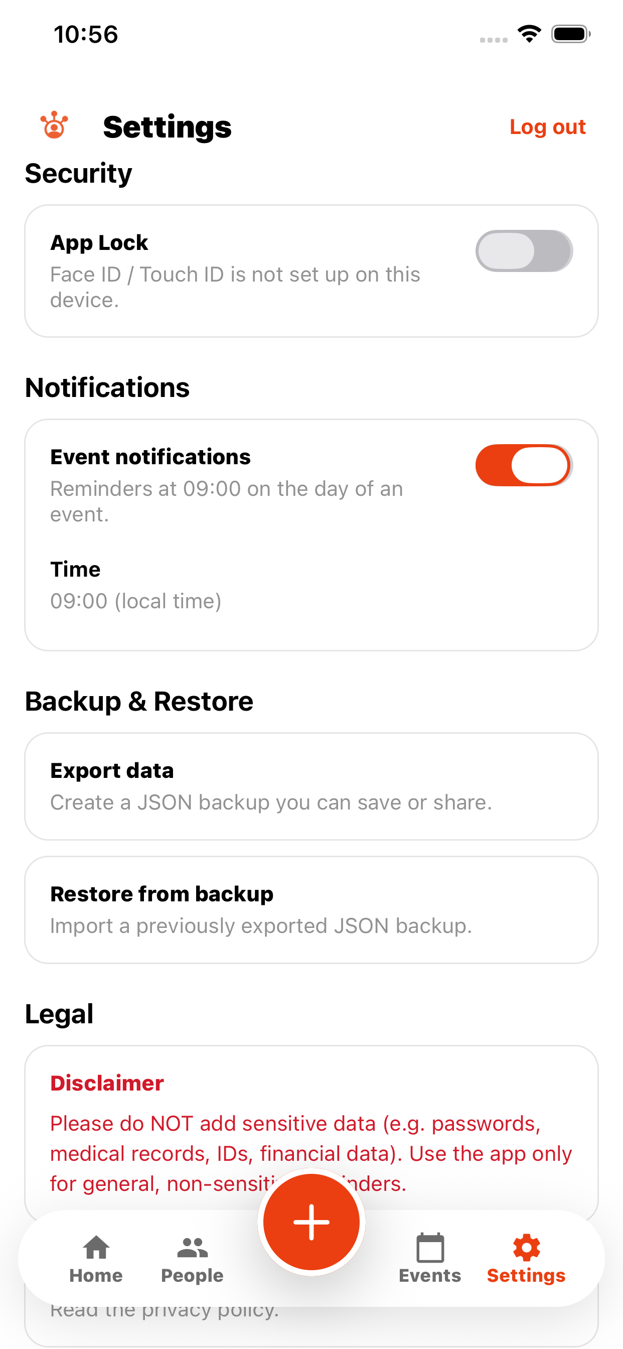 Settings view in MindingPeople